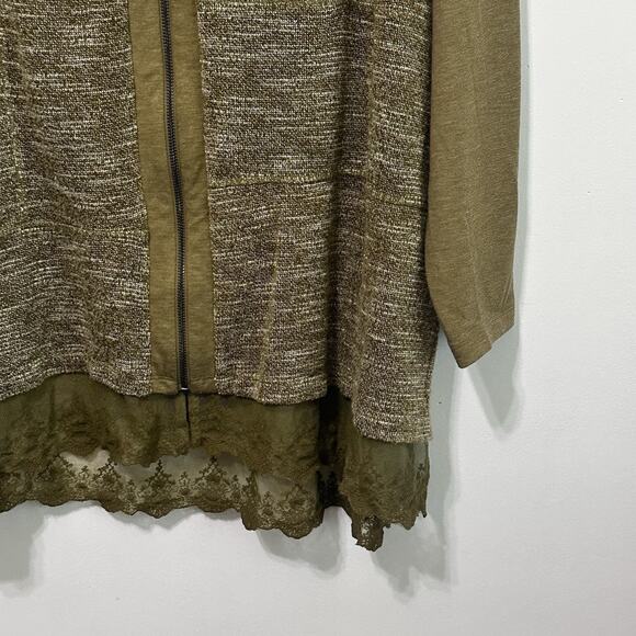 Logo Lounge Cardigan Sweater 1X Olive Green Long Sleeve Zip Front Lace Hem Comfy - Picture 2 of 10